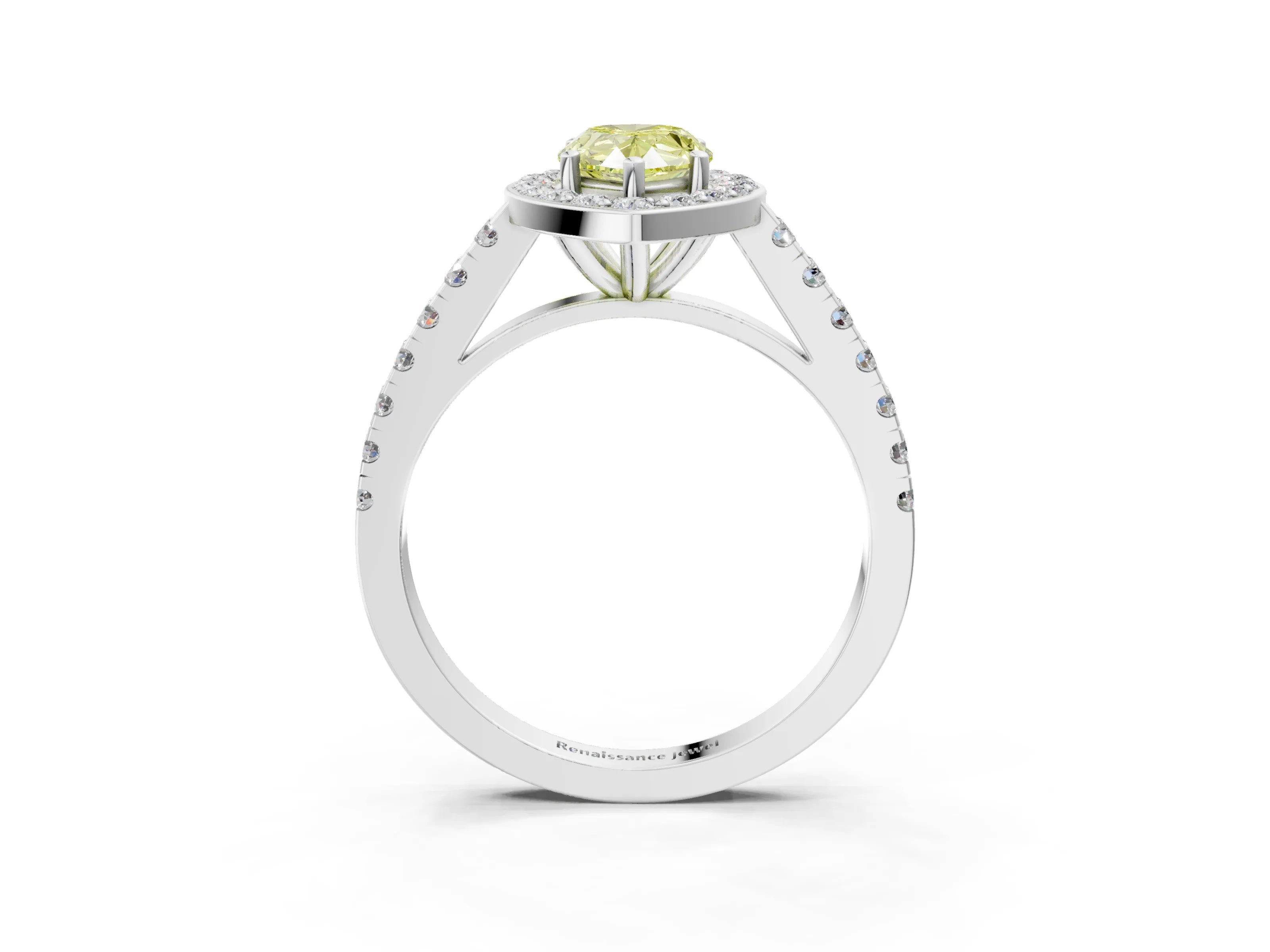 White gold Fancy Yellow Pear Cut Halo Diamond Ring with Pavé Band and Three-Prong Setting_3