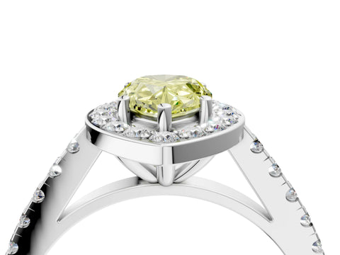 White gold Fancy Yellow Pear Cut Halo Diamond Ring with Pavé Band and Three-Prong Setting_4