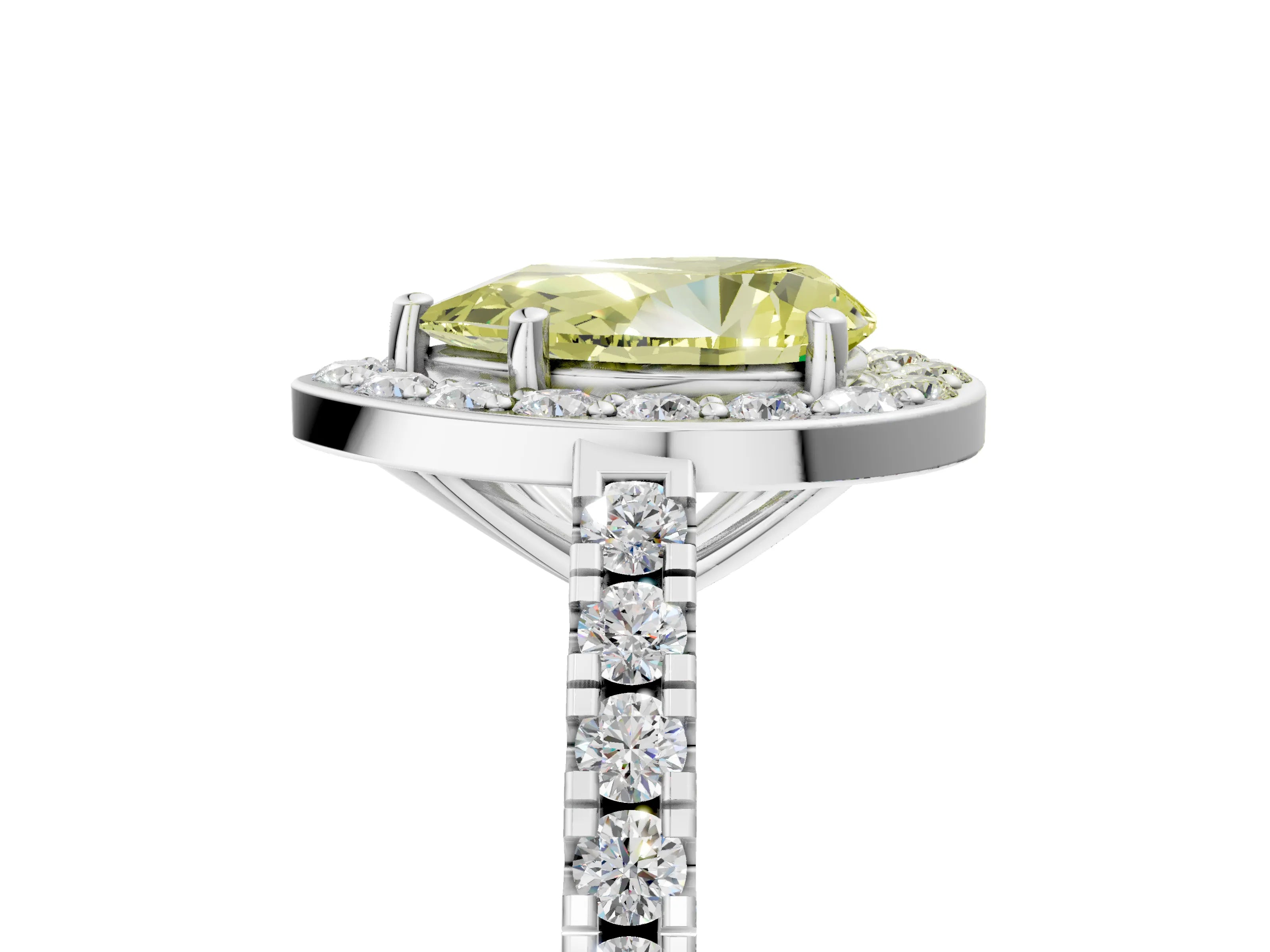 White gold Fancy Yellow Pear Cut Halo Diamond Ring with Pavé Band and Three-Prong Setting_5