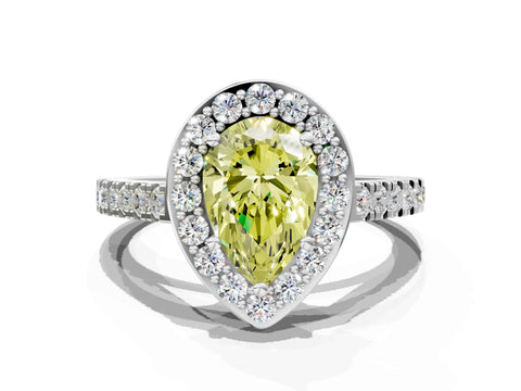 White gold Fancy Yellow Pear Cut Halo Diamond Ring with Pavé Band and Three-Prong Setting