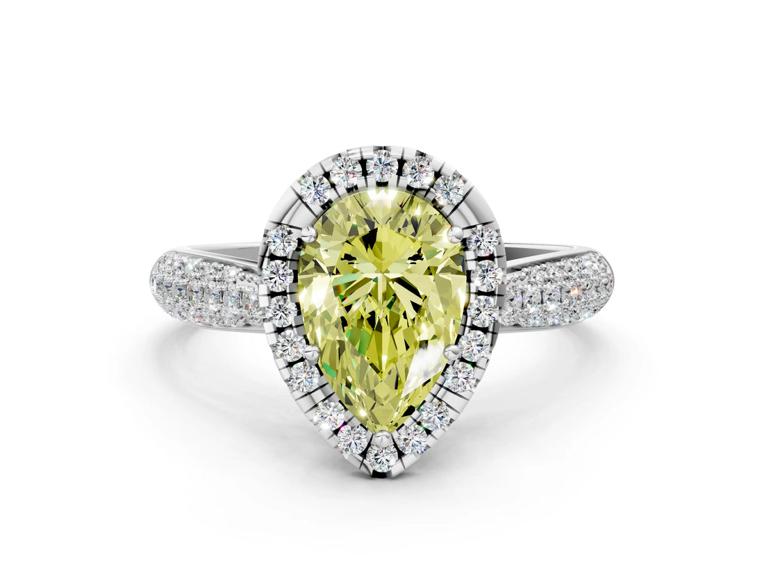 White gold Fancy Yellow Pear Cut Halo Diamond Ring with Pavé Band_24