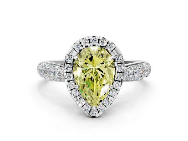 White gold Fancy Yellow Pear Cut Halo Diamond Ring with Pavé Band