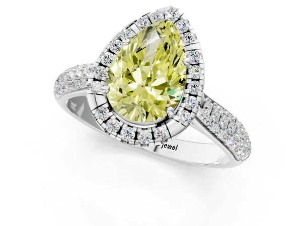 White gold Fancy Yellow Pear Cut Halo Diamond Ring with Pavé Band