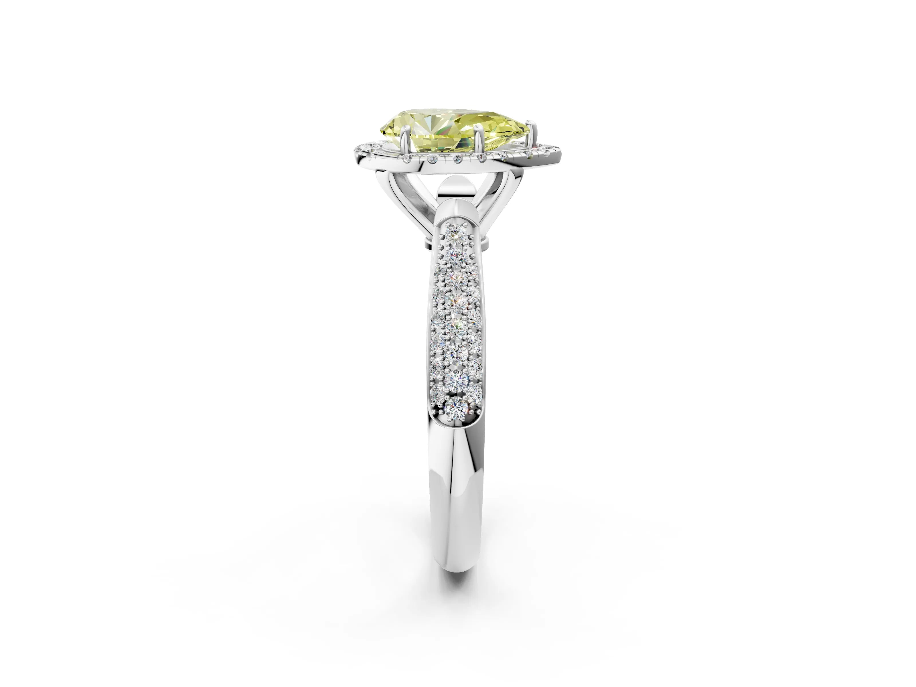 White gold Fancy Yellow Pear Cut Halo Diamond Ring with Pavé Band_26