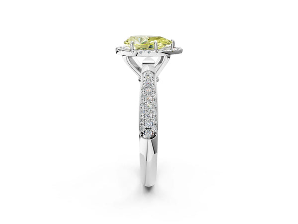 White gold Fancy Yellow Pear Cut Halo Diamond Ring with Pavé Band