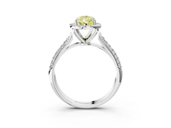 White gold Fancy Yellow Pear Cut Halo Diamond Ring with Pavé Band