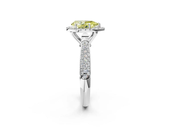 White gold Fancy Yellow Pear Cut Halo Diamond Ring with Pavé Band