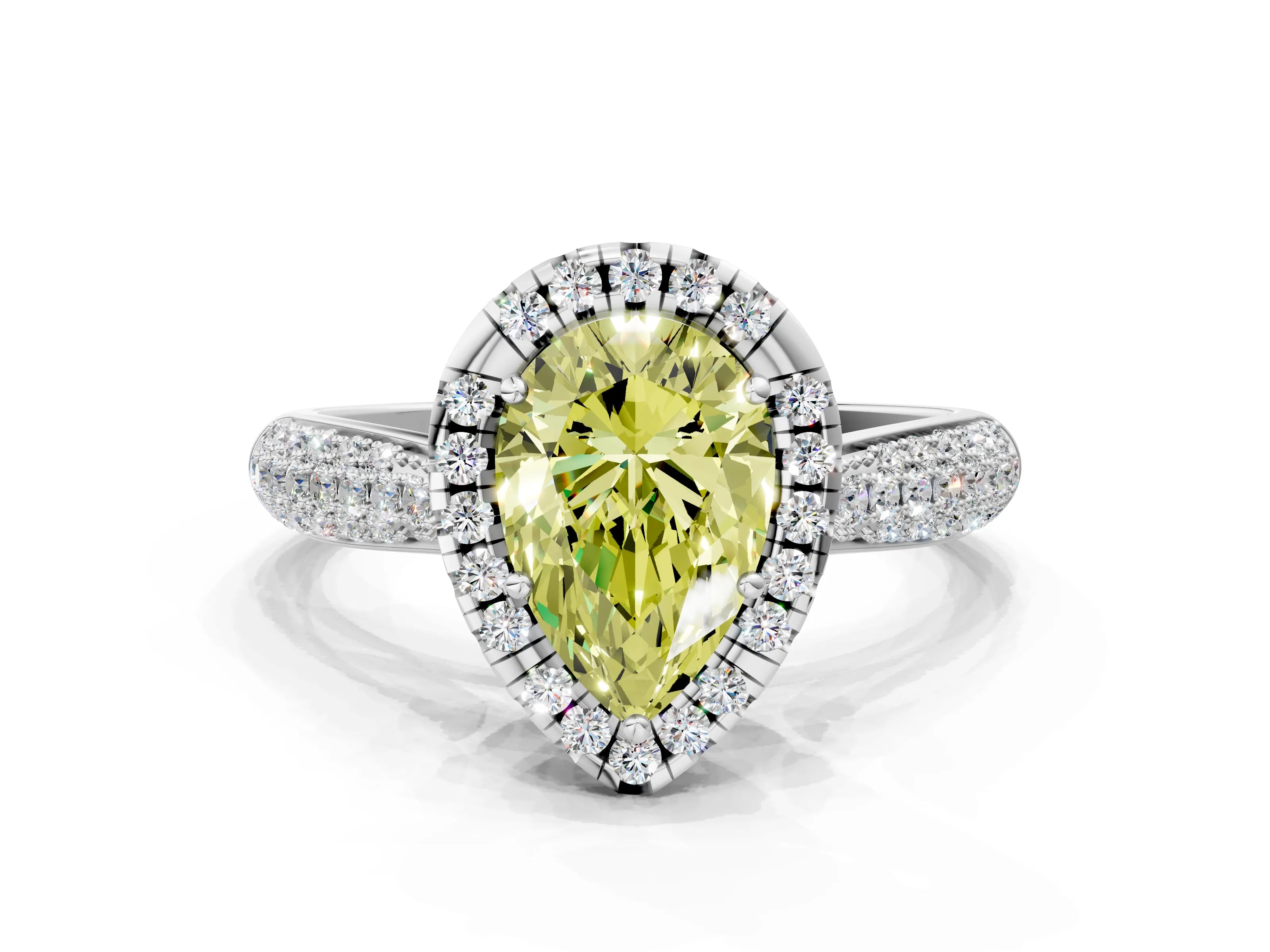 White gold Fancy Yellow Pear Cut Halo Diamond Ring with Pavé Band