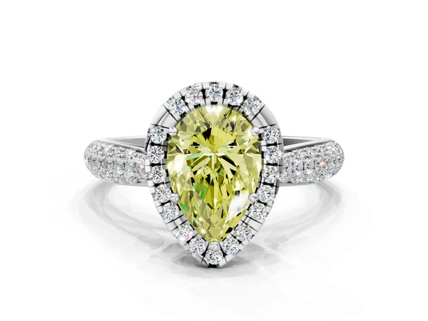 White gold Fancy Yellow Pear Cut Halo Diamond Ring with Pavé Band