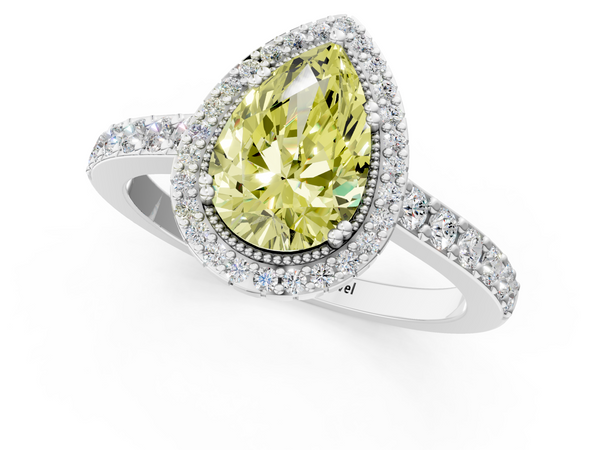White gold Fancy Yellow Pear  Cut Diamond Halo Engagement Ring with Milgrain Detail and Pavé Band