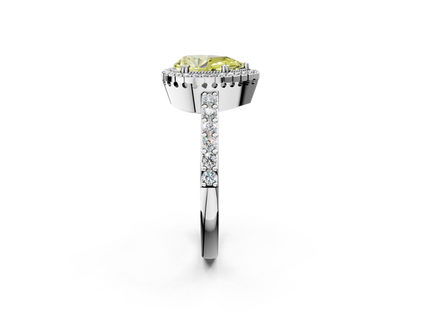White gold Fancy Yellow Pear  Cut Diamond Halo Engagement Ring with Milgrain Detail and Pavé Band