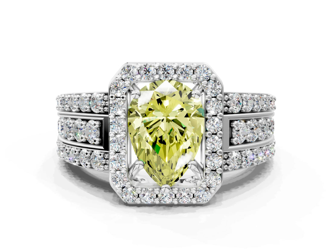 White gold Fancy Yellow Pear Cut Halo Diamond Ring with Round  Split Shank and Prong Setting_167