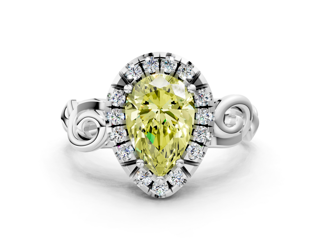 White gold Fancy Yellow Pear  Cut Halo Diamond Ring with Scrollwork Band and Four-Prong Setting_114