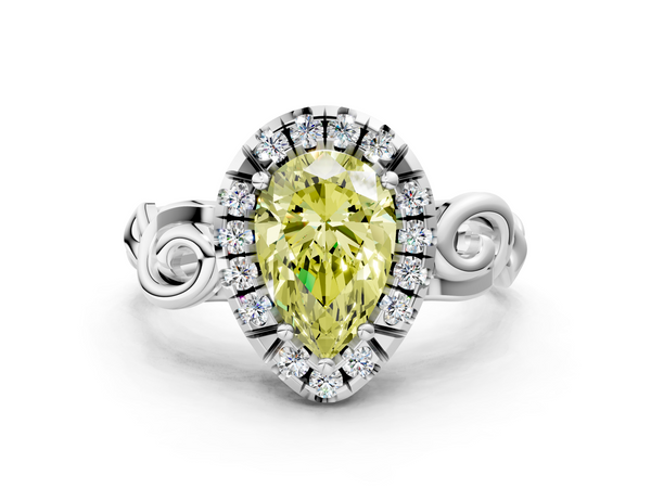 Platinum Fancy Yellow Pear  Cut Halo Diamond Ring with Scrollwork Band and Four-Prong Setting