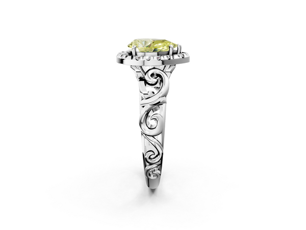 Platinum Fancy Yellow Pear  Cut Halo Diamond Ring with Scrollwork Band and Four-Prong Setting