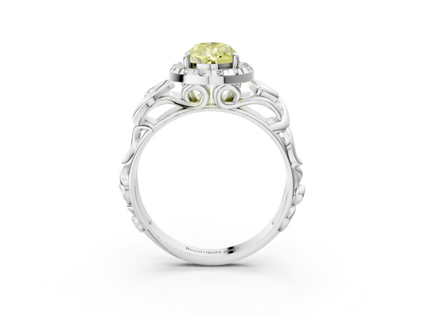 Platinum Fancy Yellow Pear  Cut Halo Diamond Ring with Scrollwork Band and Four-Prong Setting