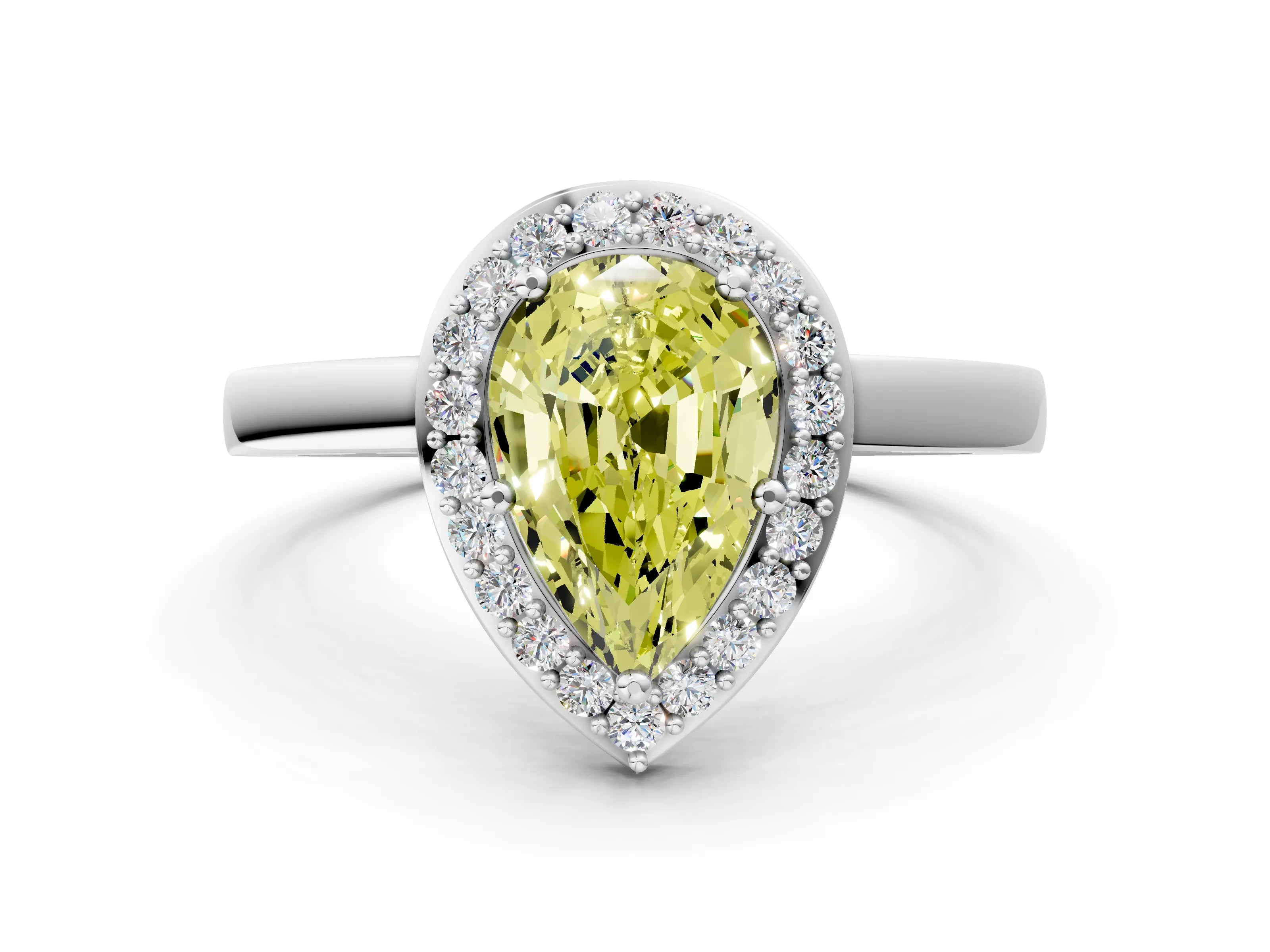 White gold Fancy Yellow Pear Cut Halo Diamond Ring with Solitaire Band and Prong Setting_24