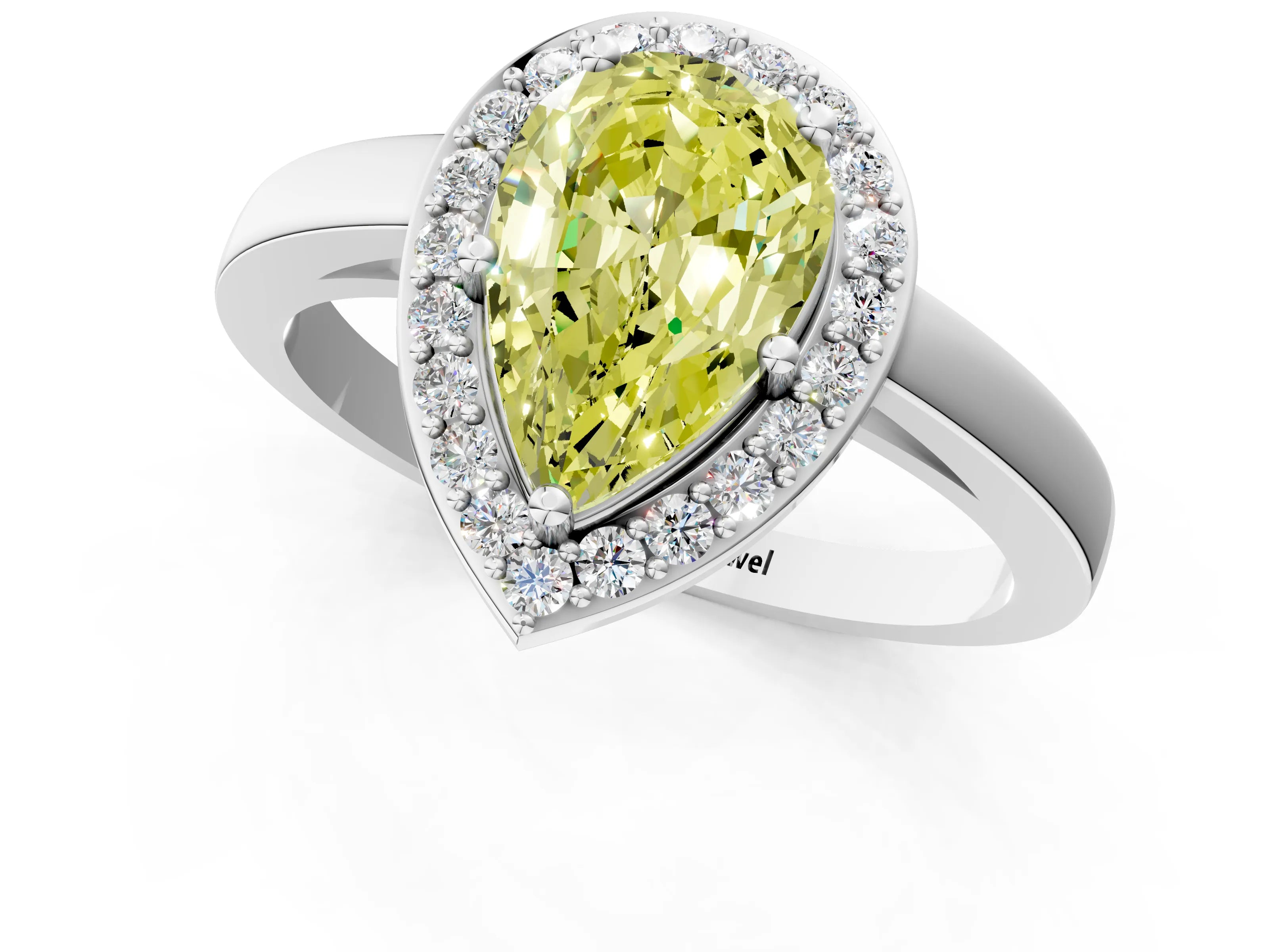 White gold Fancy Yellow Pear Cut Halo Diamond Ring with Solitaire Band and Prong Setting_25