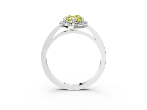 Platinum Fancy Yellow Pear Cut Halo Diamond Ring with Solitaire Band and Prong Setting