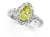 White gold Fancy Yellow Pear Cut Halo Diamond Solitaire with Filigree Band and Four-Prong Setting_1