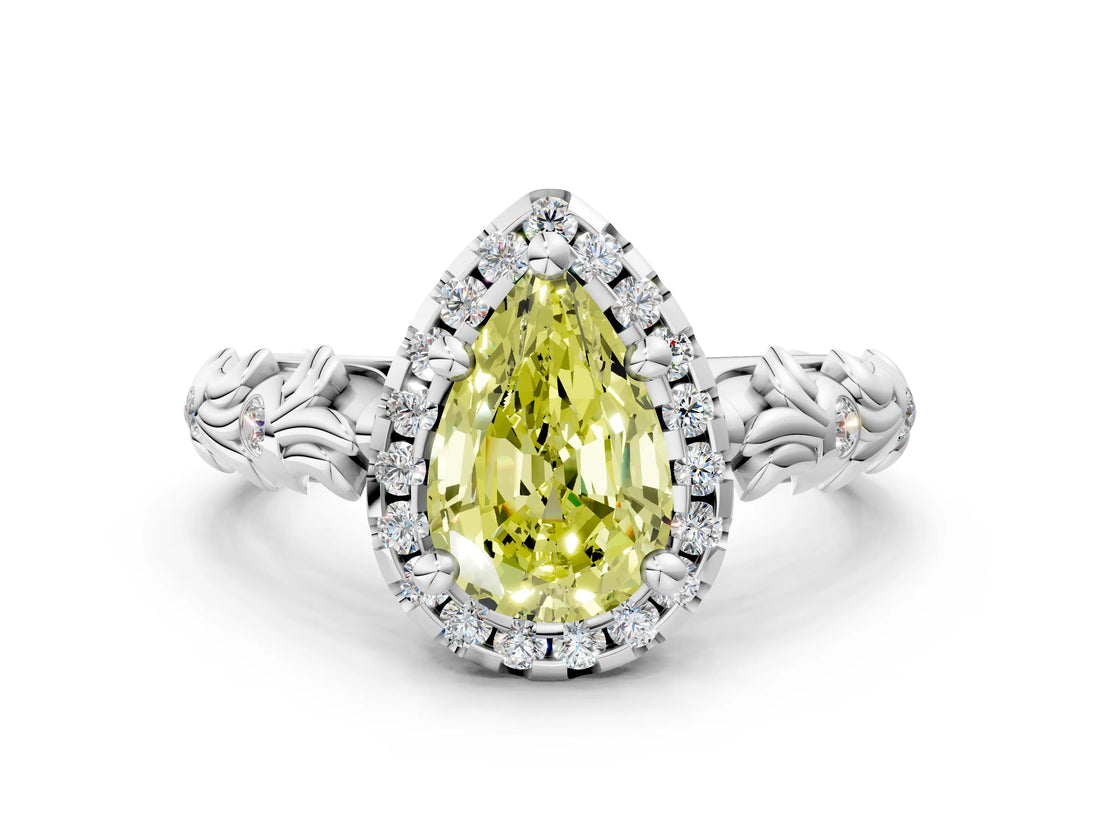 White gold Fancy Yellow Pear Cut Halo Diamond Solitaire with Filigree Band and Four-Prong Setting
