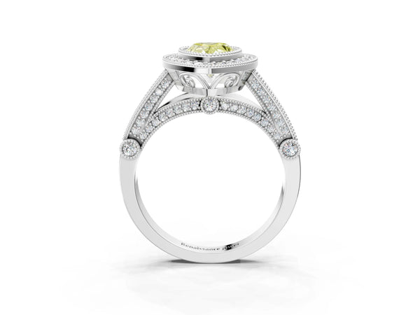 White Gold Pear-Shaped Vintage Bezel Halo Engagement Ring Setting for Fancy Yellow Center