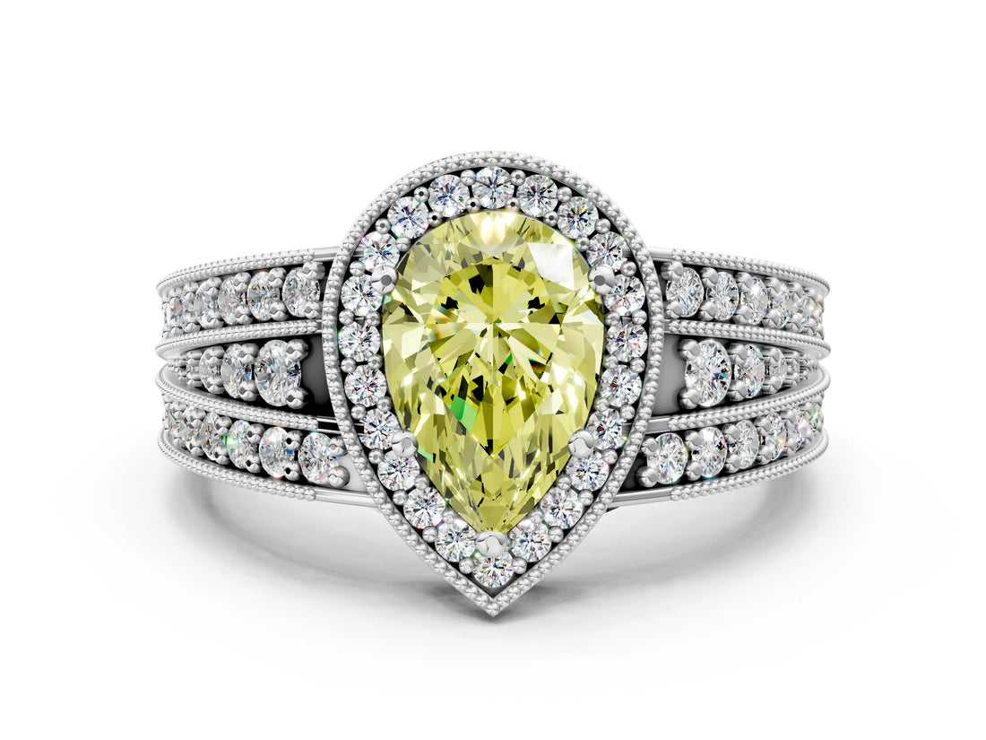 White gold Fancy Yellow Pear Cut Halo Diamond Split Shank Ring with Prong Setting