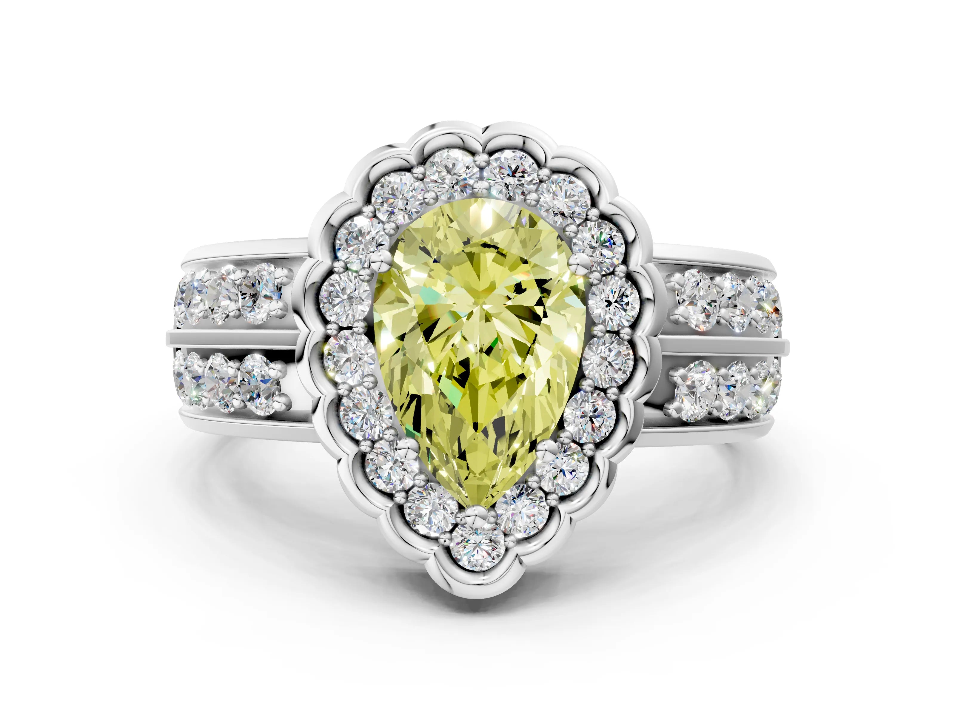 White gold Fancy Yellow Pear Cut Halo Diamond Split Shank Ring with Scalloped Prong Setting_12