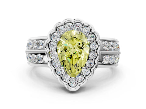 White gold Fancy Yellow Pear Cut Halo Diamond Split Shank Ring with Scalloped Prong Setting_12