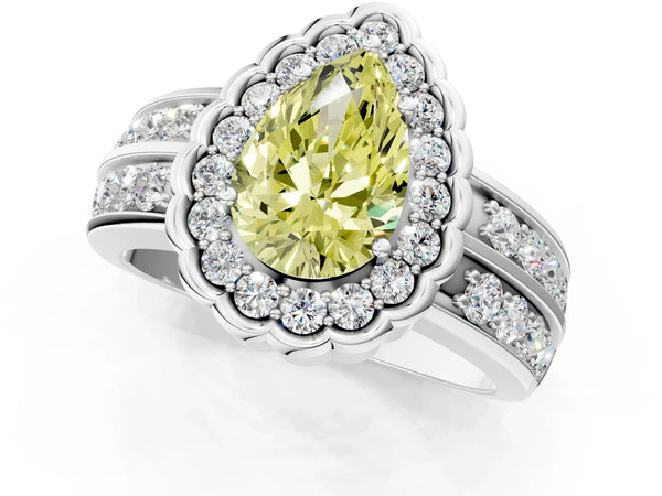 Platinum Fancy Yellow Pear Cut Halo Diamond Split Shank Ring with Scalloped Prong Setting