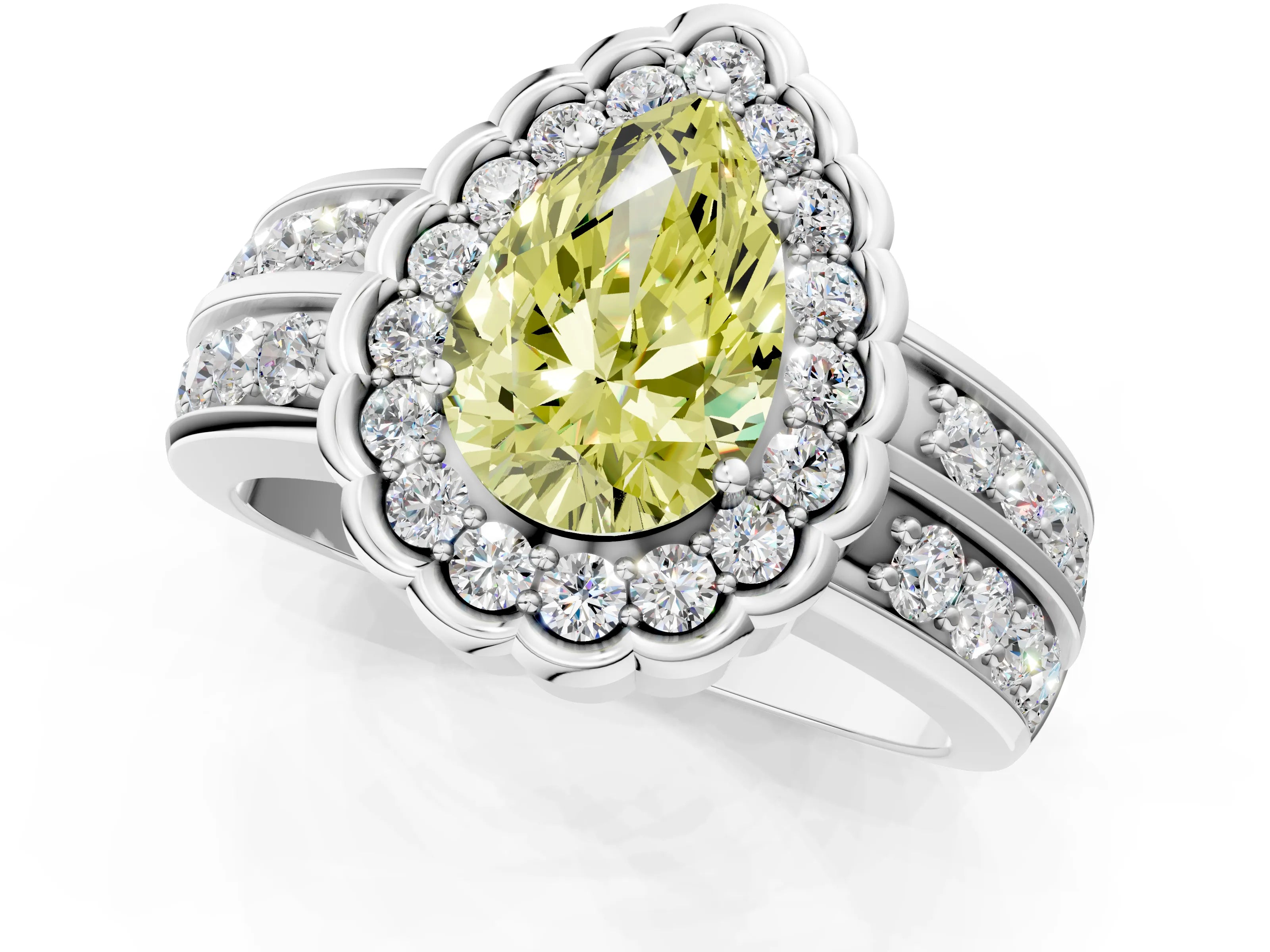 White gold Fancy Yellow Pear Cut Halo Diamond Split Shank Ring with Scalloped Prong Setting_13