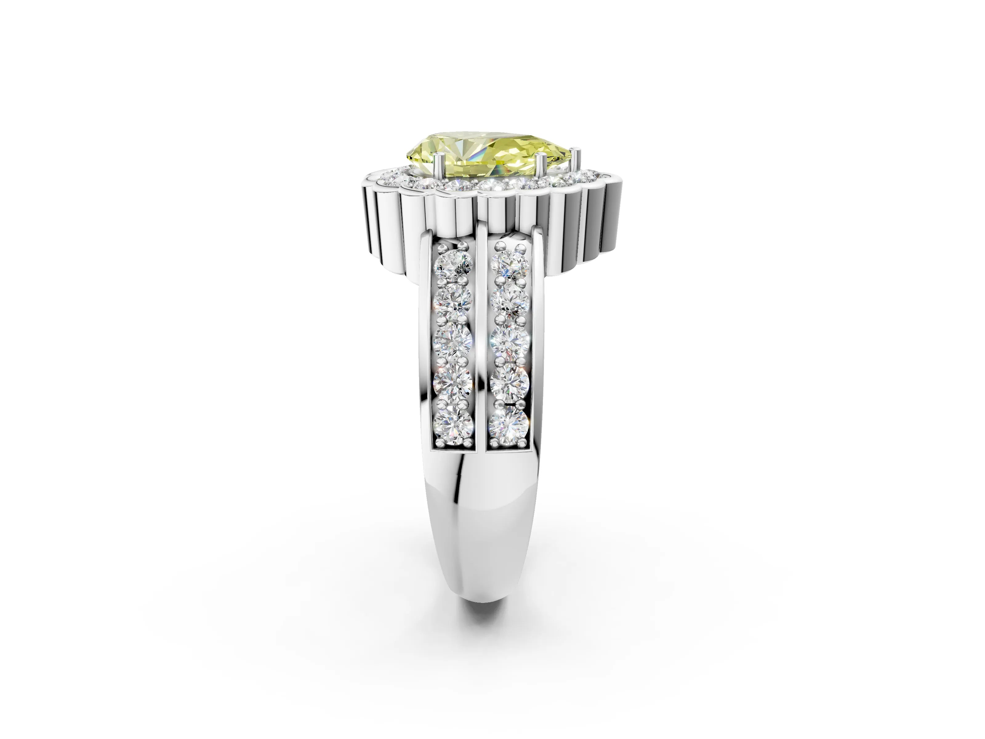 White gold Fancy Yellow Pear Cut Halo Diamond Split Shank Ring with Scalloped Prong Setting_14