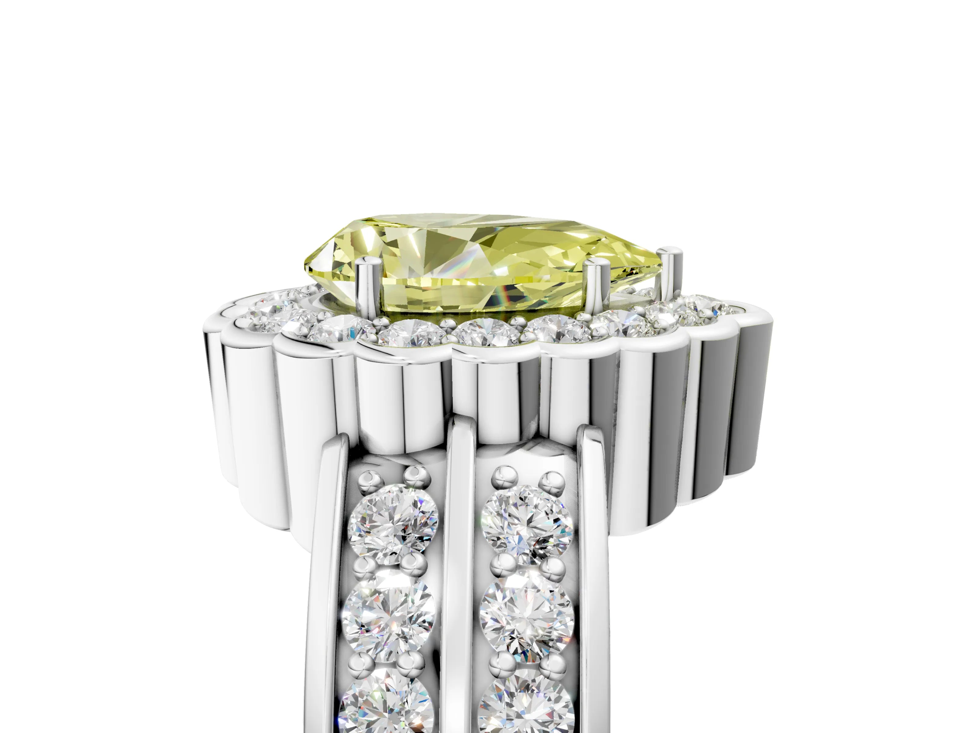White gold Fancy Yellow Pear Cut Halo Diamond Split Shank Ring with Scalloped Prong Setting_17