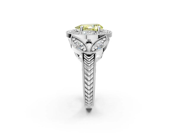 White gold Fancy Yellow Pear Cut Halo Milgrain Diamond Engagement Ring with Leaf Band and Four-Prong Setting