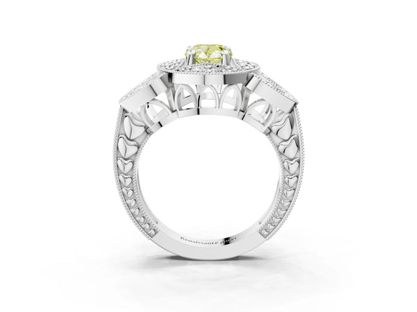 White gold Fancy Yellow Pear Cut Halo Milgrain Diamond Engagement Ring with Leaf Band and Four-Prong Setting