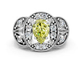White gold Fancy Yellow Pear Cut Halo Milgrain Diamond Engagement Ring with Leaf Band and Four-Prong Setting