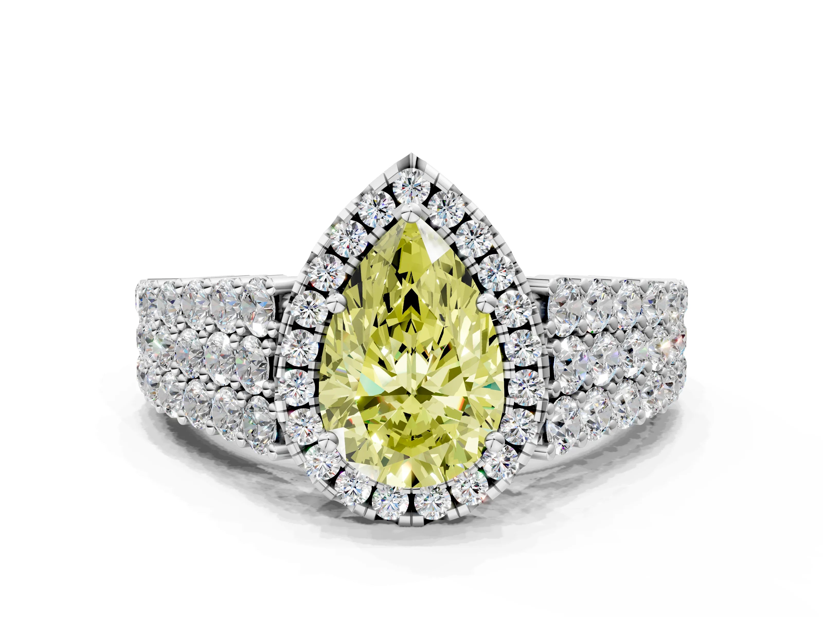 White gold Fancy Yellow Pear Cut Halo Pavé Diamond Engagement Ring with Split Shank and Four-Prong Setting_3