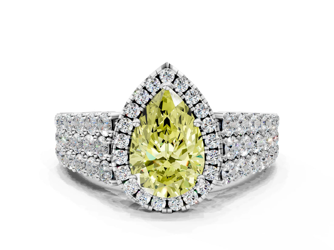 White gold Fancy Yellow Pear Cut Halo Pavé Diamond Engagement Ring with Split Shank and Four-Prong Setting_3