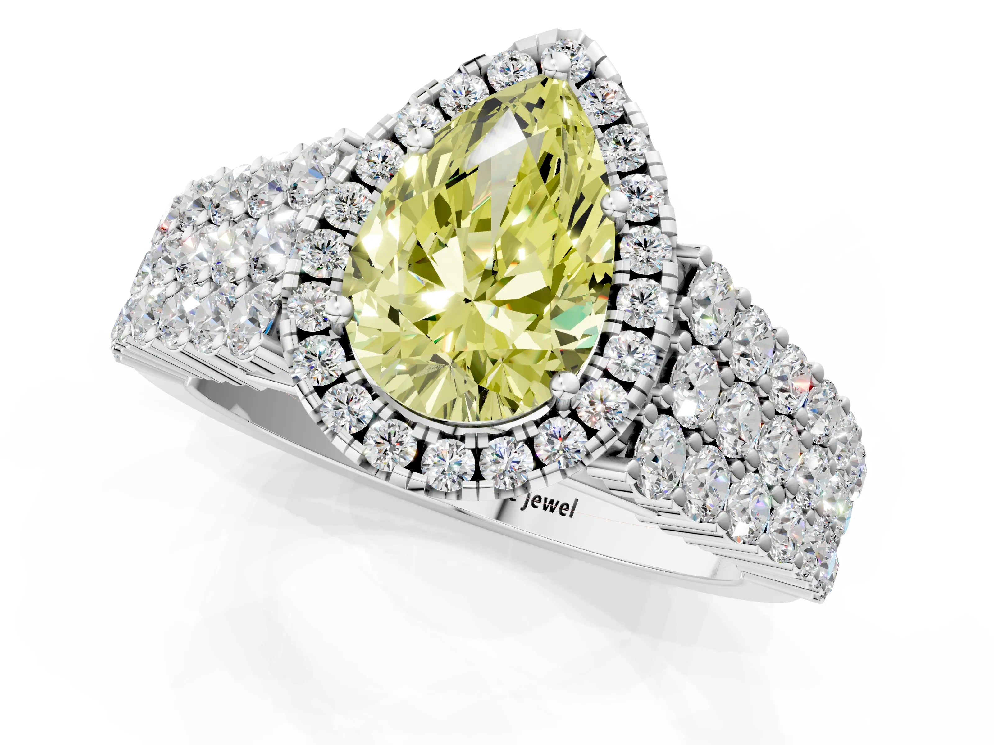 White gold Fancy Yellow Pear Cut Halo Pavé Diamond Engagement Ring with Split Shank and Four-Prong Setting_4