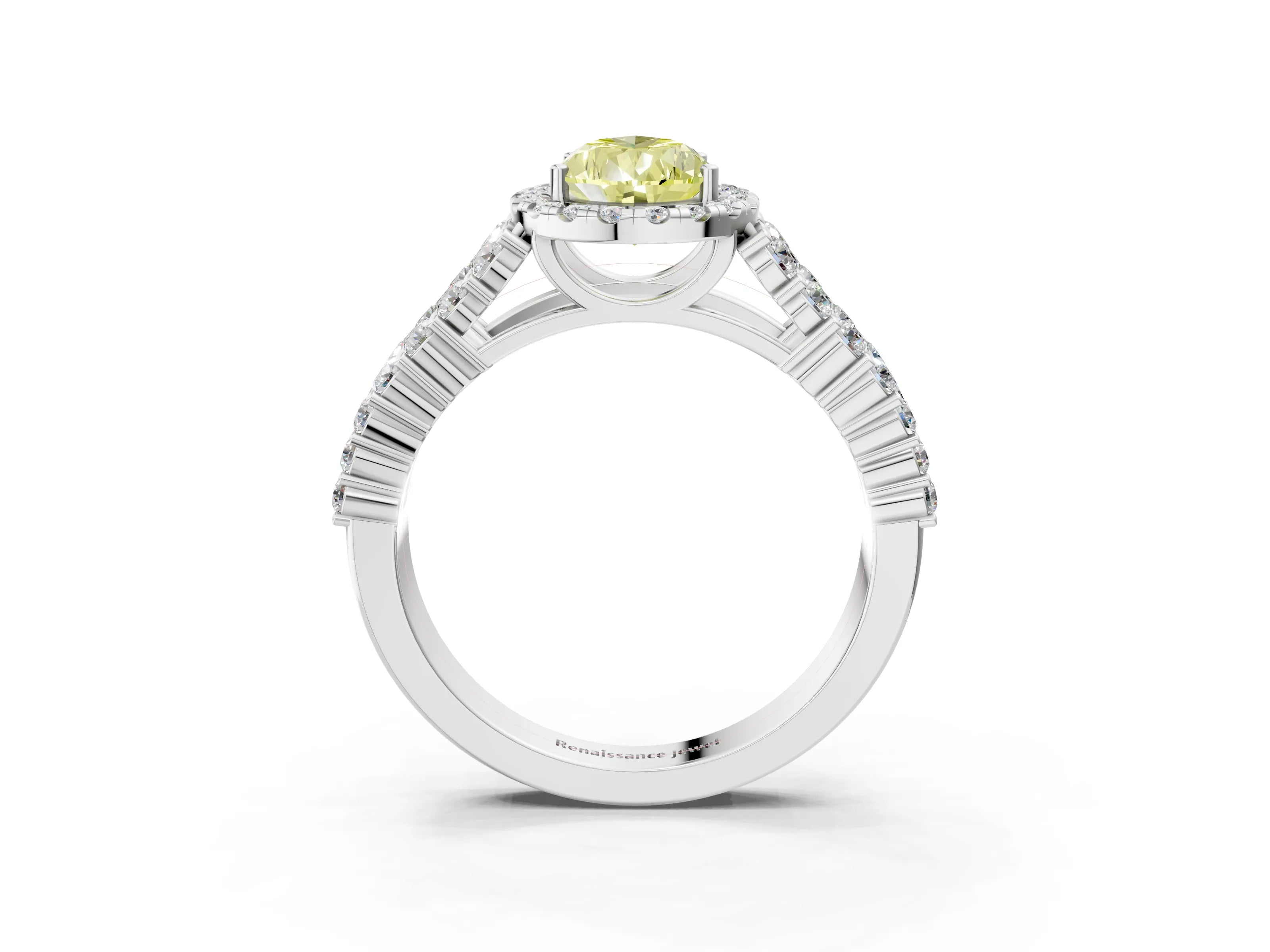 White gold Fancy Yellow Pear Cut Halo Pavé Diamond Engagement Ring with Split Shank and Four-Prong Setting_6