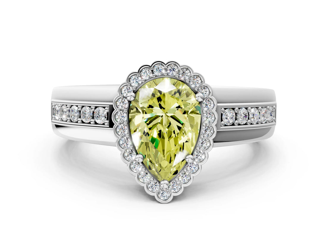 White gold Fancy Yellow Pear  Cut Halo Pave Band Four-Prong Ring_49