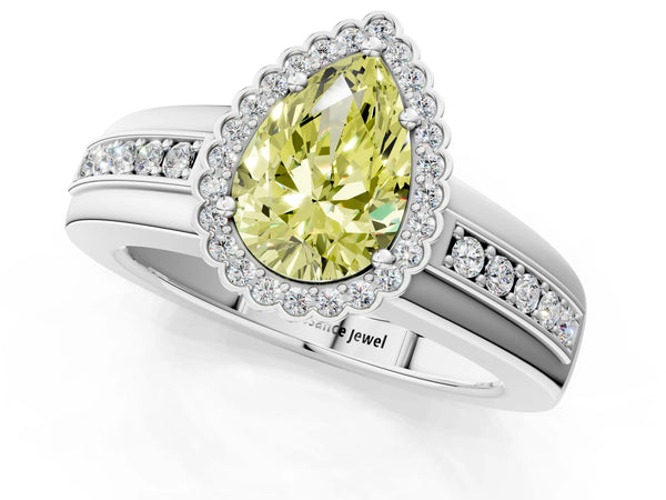 White gold Fancy Yellow Pear  Cut Halo Pave Band Four-Prong Ring