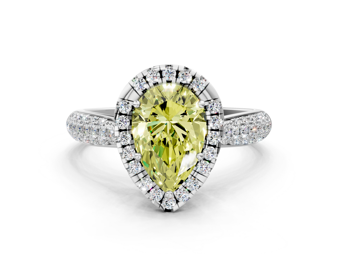White gold Fancy Yellow Pear  Cut Halo Pave Band Four-Prong Setting Ring_19