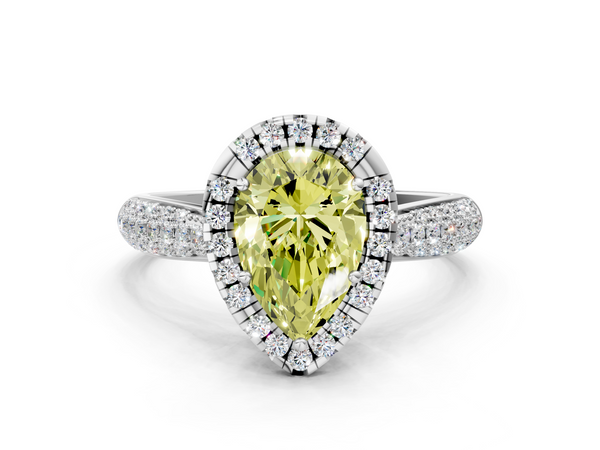Platinum Fancy Yellow Pear  Cut Halo Pave Band Four-Prong Setting Ring