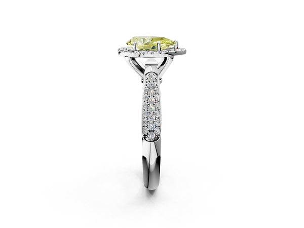 Platinum Fancy Yellow Pear  Cut Halo Pave Band Four-Prong Setting Ring