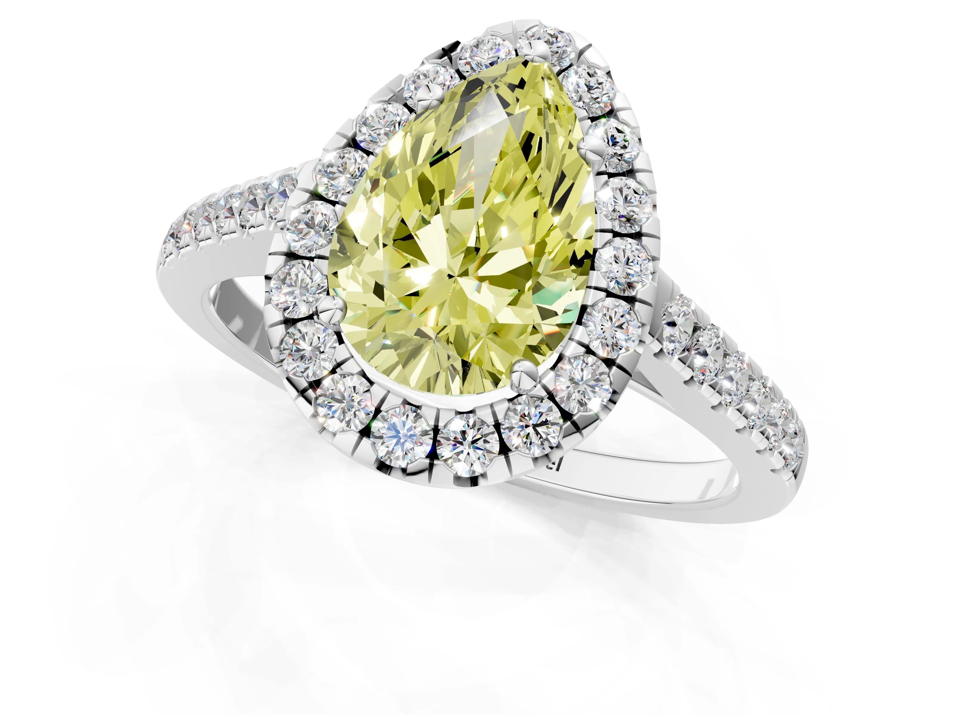 White gold Fancy Yellow Pear Cut Halo Pave Diamond Engagement Ring with Four-Prong Setting_1