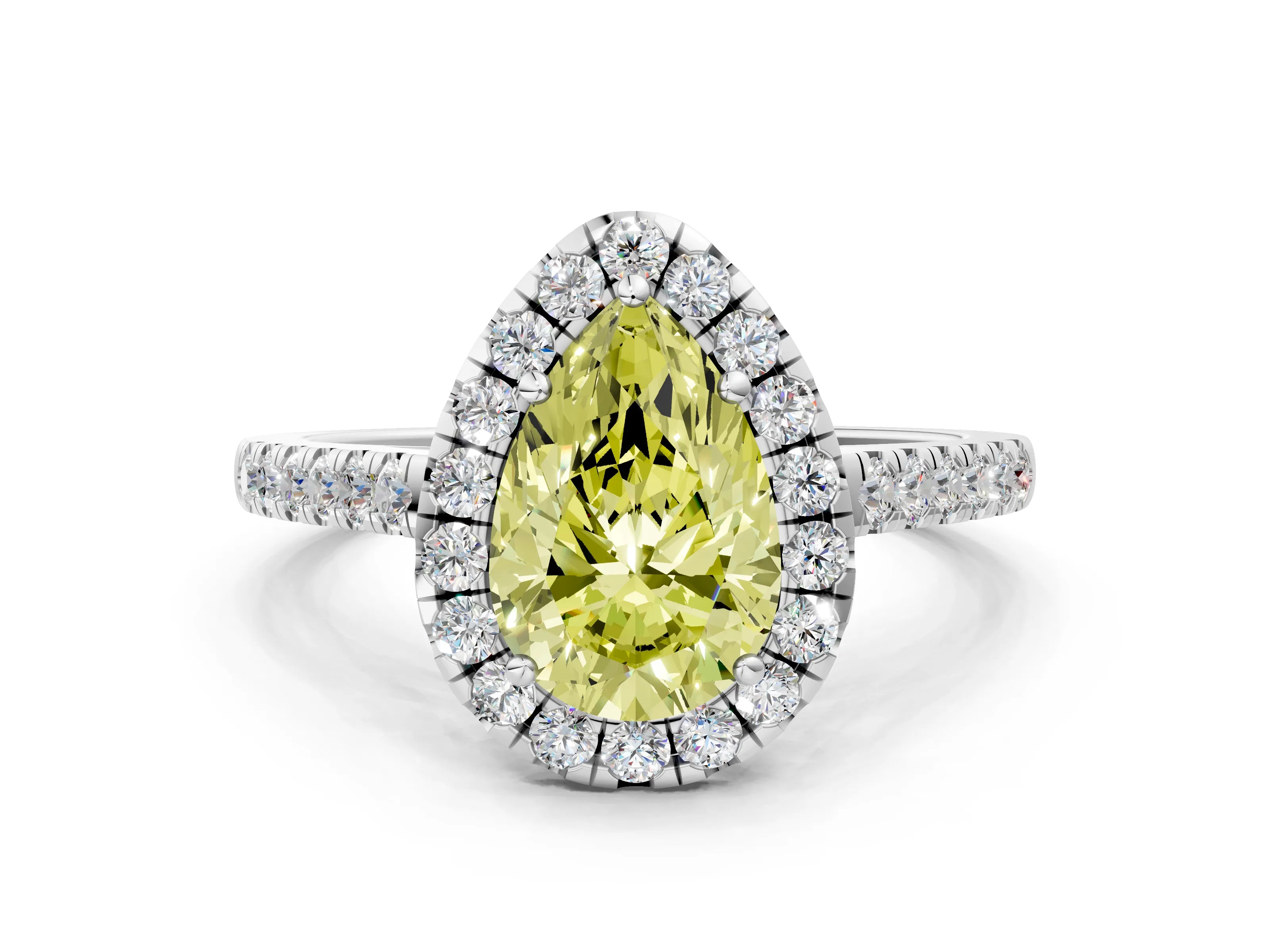 White gold Fancy Yellow Pear Cut Halo Pave Diamond Engagement Ring with Four-Prong Setting