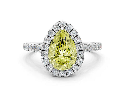 White gold Fancy Yellow Pear Cut Halo Pave Diamond Engagement Ring with Four-Prong Setting