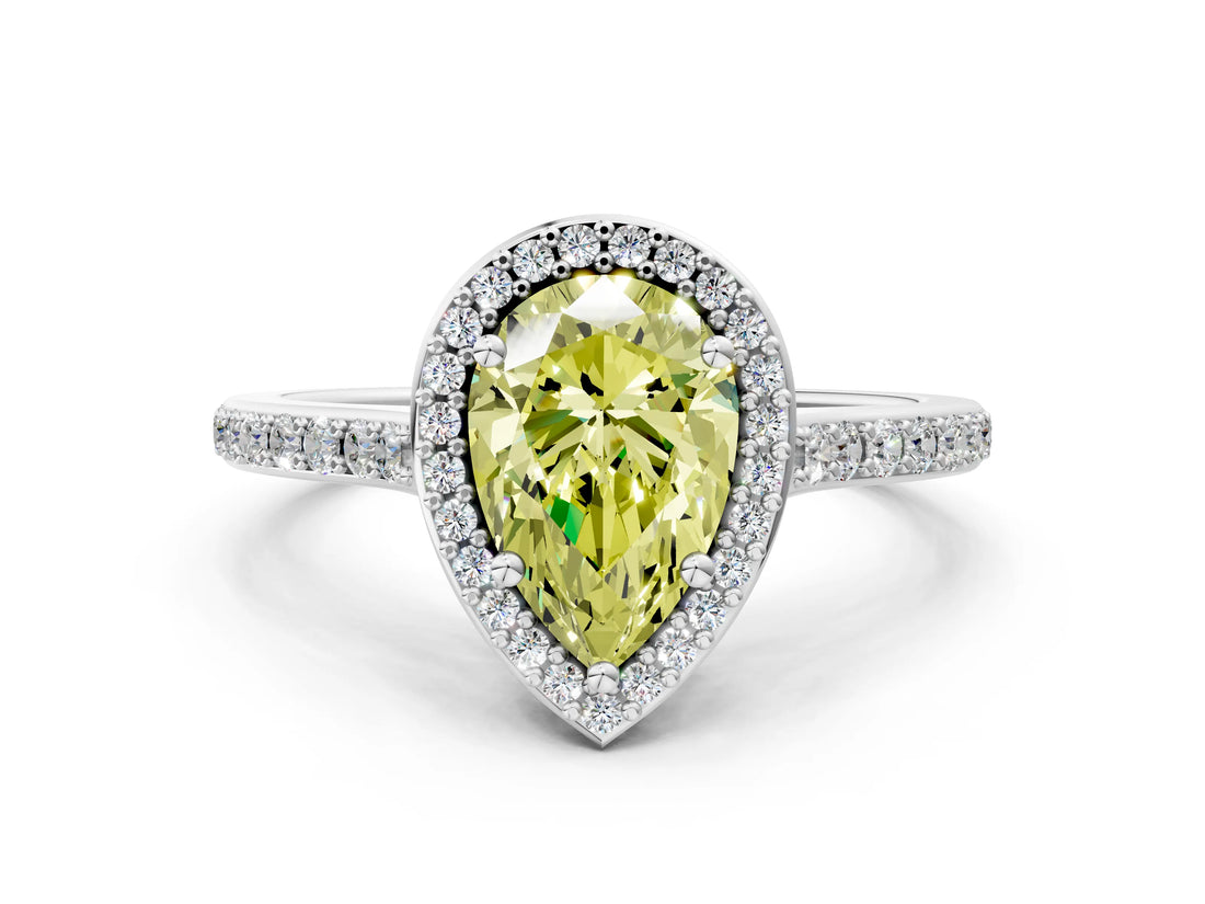 White gold Fancy Yellow Pear Cut Halo Round Diamond Pavé Band with Four-Prong Setting_15