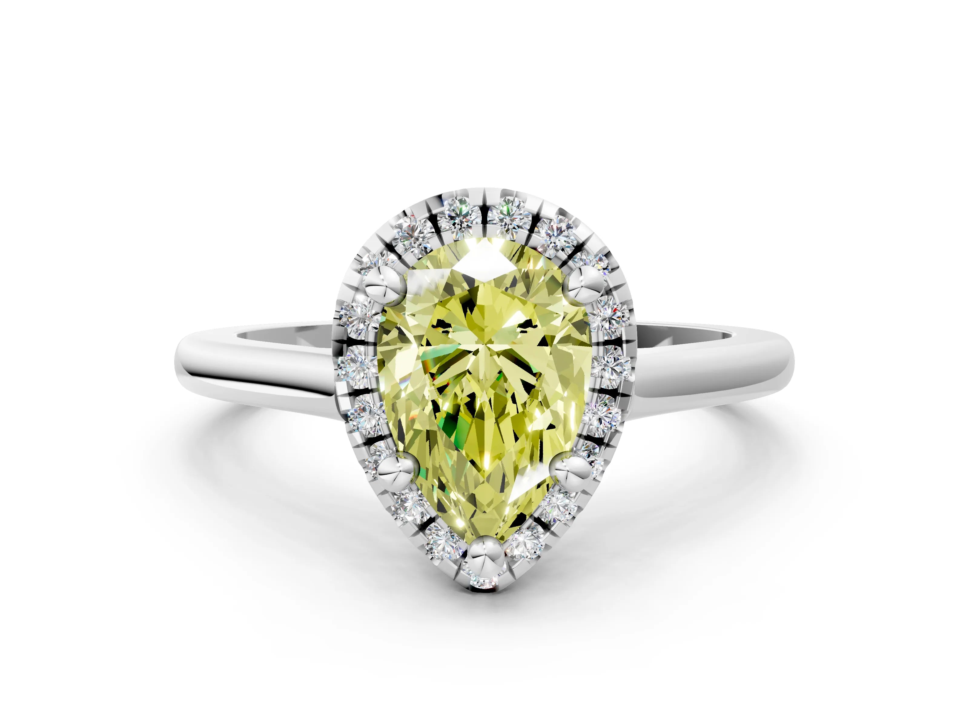 White gold Fancy Yellow Pear Cut Halo Round Diamond Solitaire Engagement Ring with Pave Band and Four-Prong Setting_24